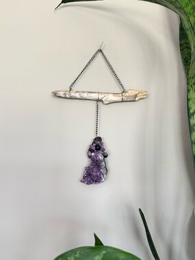 Handcrafted Amethyst Wall Hanging with Driftwood Accent